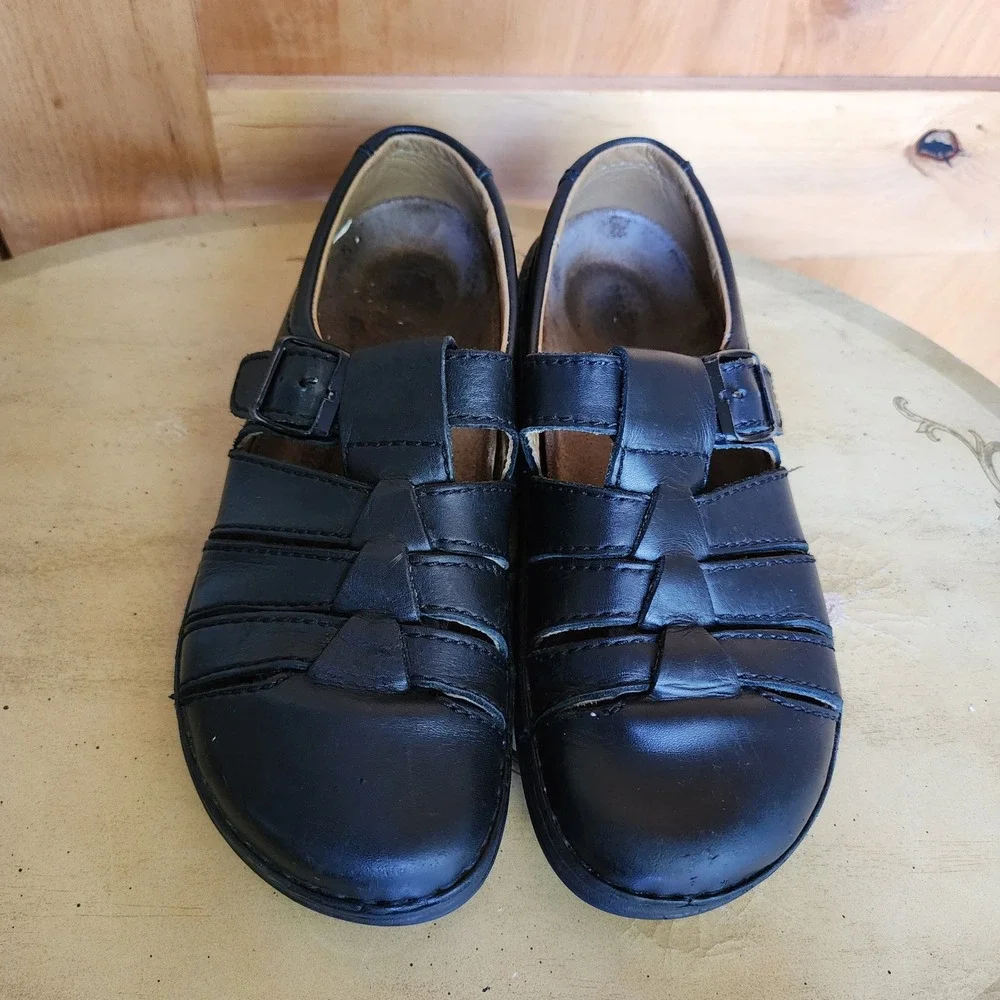 Birkenstock Madeira Sz M 8 W 10 Black Leather Fisherman Clogs Sandals Comfort